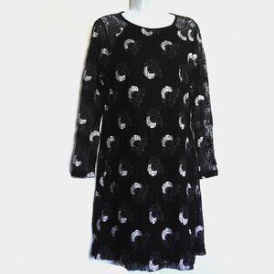 Tommy Hilfiger Dress Black Lace Gray & White  Floral Lined Sheer Sleeves EUC  14